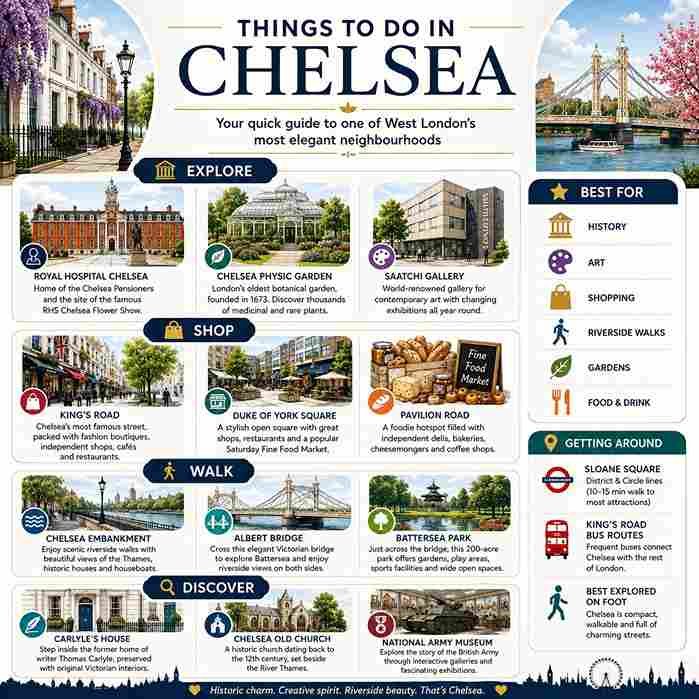 Infographic showing the best things to do in Chelsea, including King's Road, Chelsea Physic Garden, Saatchi Gallery, Royal Hospital Chelsea and Chelsea Embankment.
