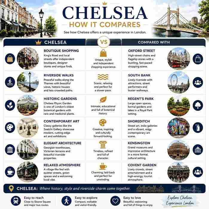 Infographic showing the best things to do in Chelsea, including King's Road, Chelsea Physic Garden, Saatchi Gallery, Royal Hospital Chelsea and Chelsea Embankment.