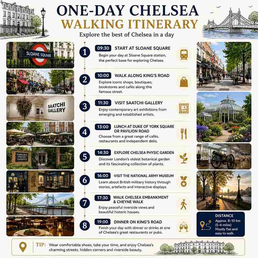 Infographic showing the best things to do in Chelsea, including King's Road, Chelsea Physic Garden, Saatchi Gallery, Royal Hospital Chelsea and Chelsea Embankment.